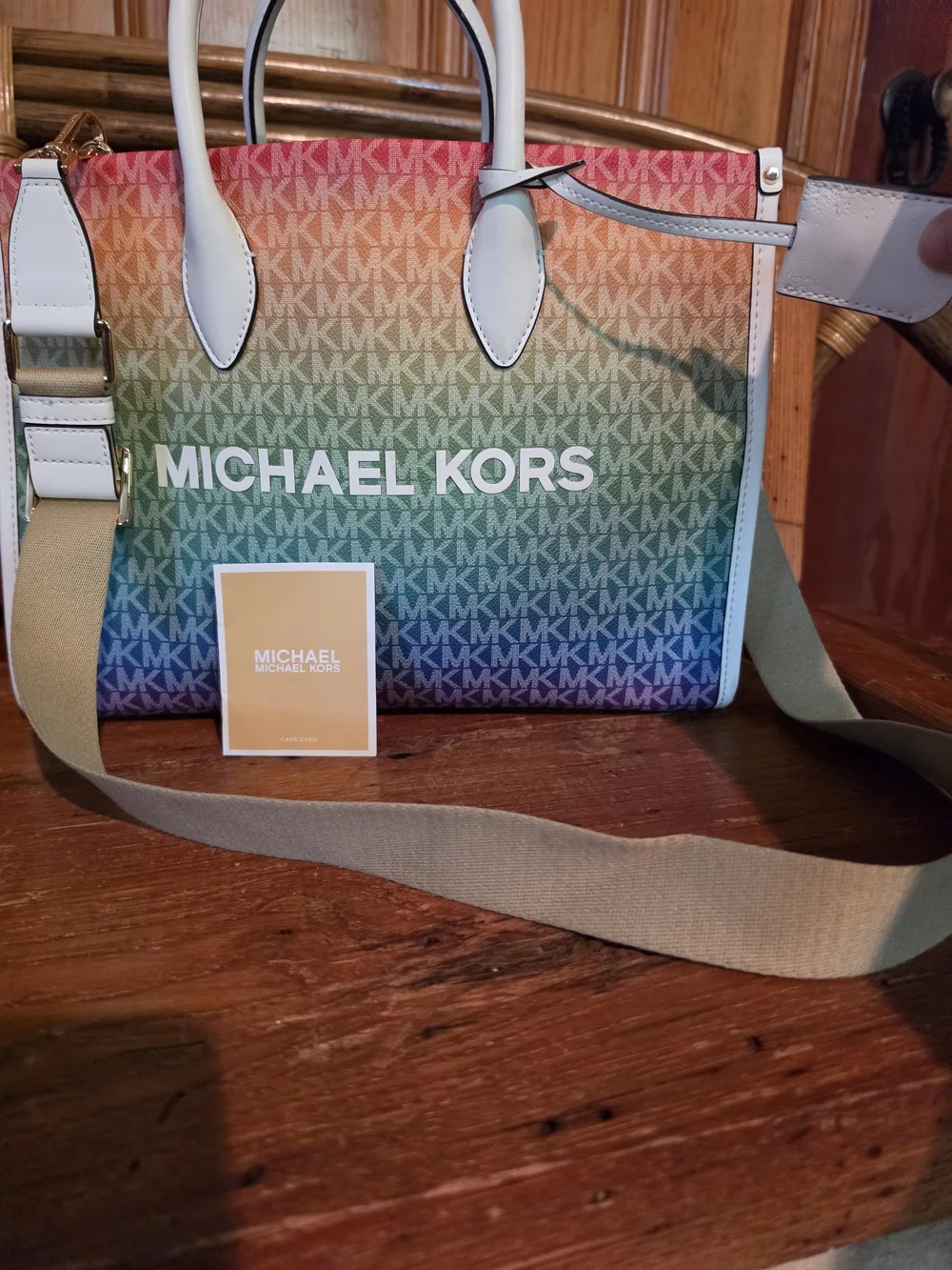 Michael Kors Rainbow Logo Tote with White Trim and Tan Strap